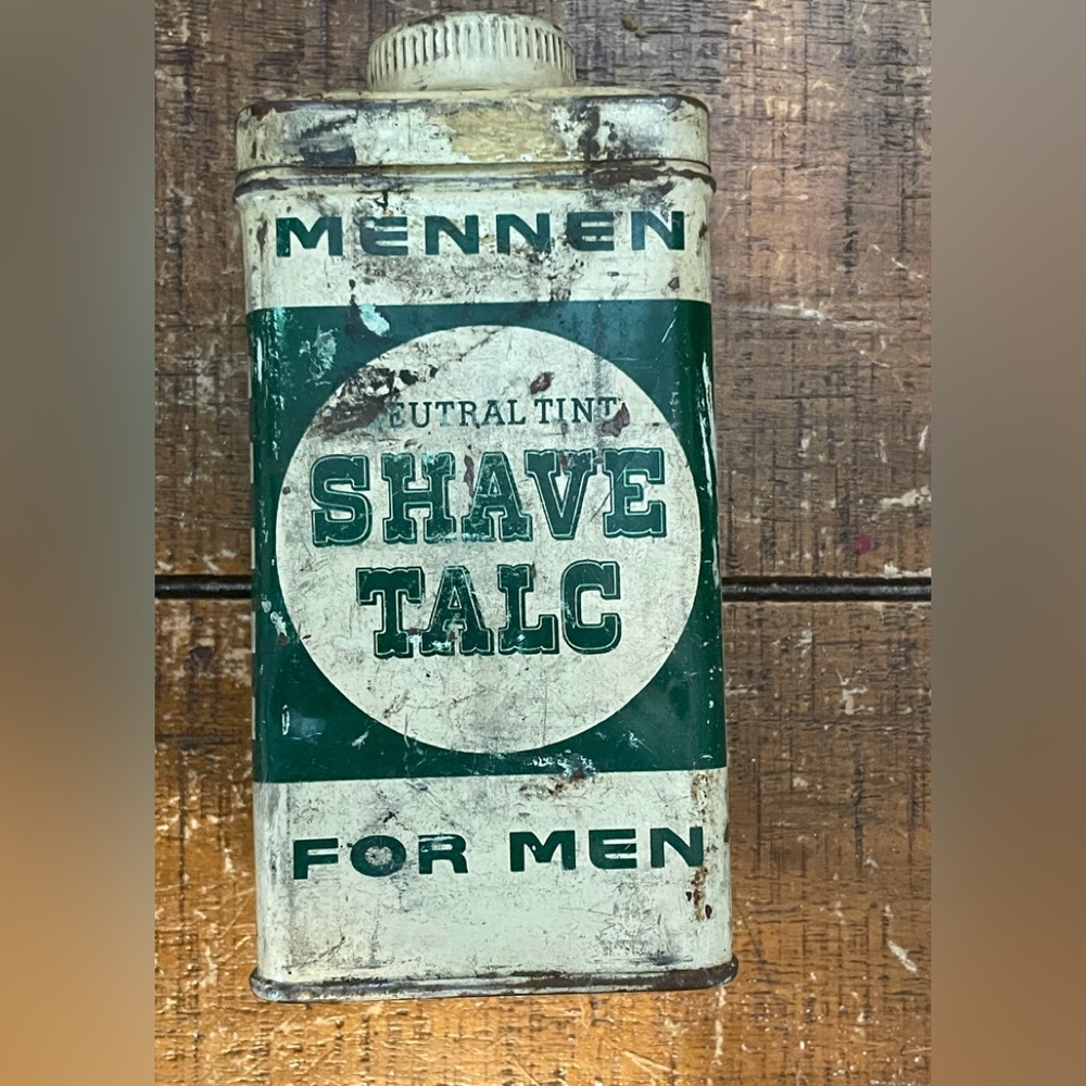 Antique vintage 1950 metal container Mennen shave metal tin